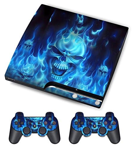 Skin Sticker for PS3 PlayStation 3 Decals Custom Mod Cover Decal Modding Game Vinyl Skins for Sony Play Station 3 Slim Console and 2 Wireless Remote Controllers - of Blue Fire