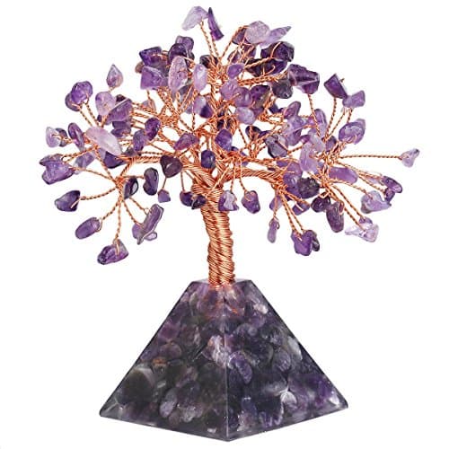 SUNYIK Natural Amethyst Money Tree, Amethyst Pyramid Crystal Base Bonsai Sculpture Figurine 4.5 Inch