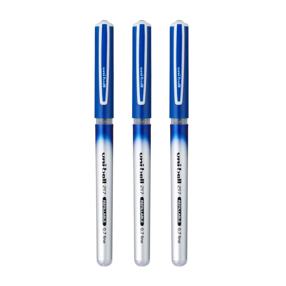 uni-ball UB-217 0.7mm Micro Roller Ball Pen | Lightweighted Sleek Body | Water & Fade Resistant | Long Lasting Smudge Free Ink | School and Office stationery | Blue Ink, Pack of 3
