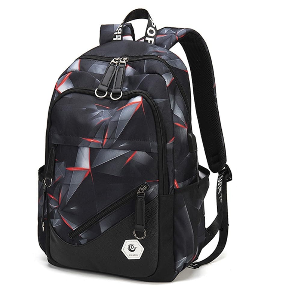 Geometric-Print Boys Backpack for Elementary Middle School Kids Bookbag School Bag for Teens Black Red