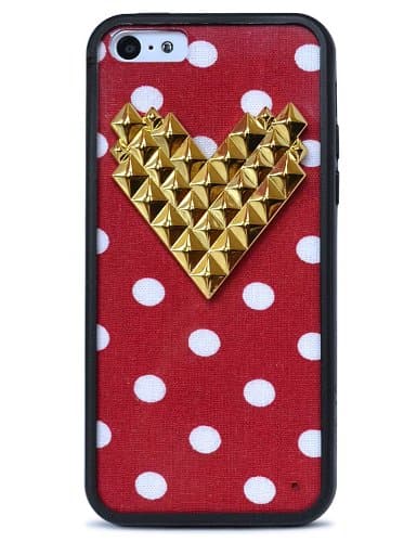 Wildflower Cases Trendy Cute Red Polka Dot Gold Heart Studded Case for iPhone 5C