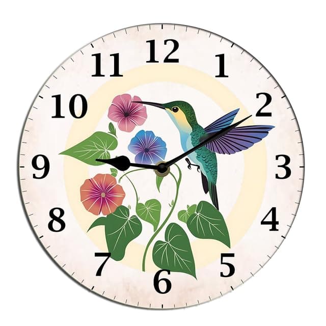 Horienteeon Hummingbird Wall Clock Spring Floral Wood Clocks For Walls Silent Non Ticking Battery Operated Wood Clock For Bedroom Bathroom Living Room Office School Bedroom Round 10"