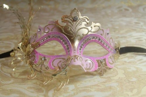Mysterious Pink and Gold Laser Cut Venetian Swan w/ Side Flower Design Masquerade Mask for Mardi Gras Or Halloween