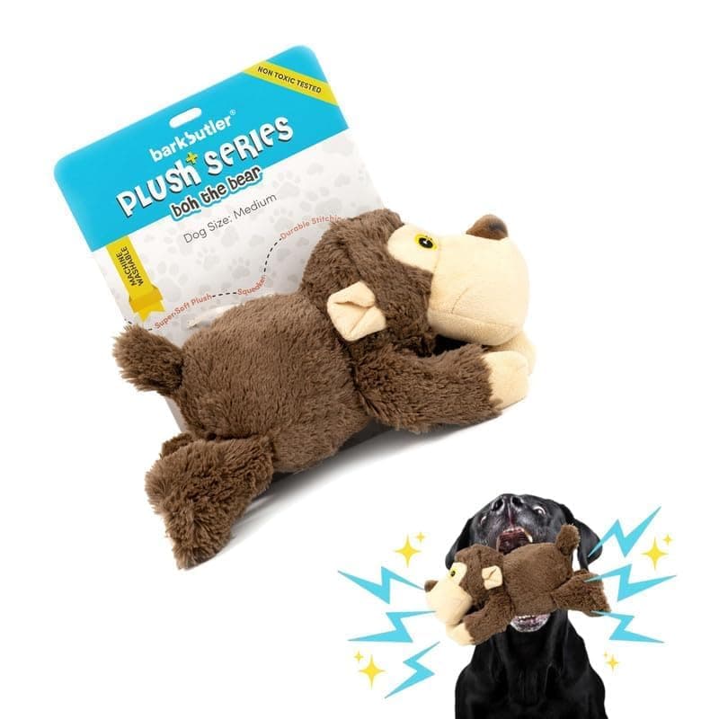 BarkButler Plush Dog Toy - Soft & Squeaky Toys for Medium Dogs (0-20kgs) - BOH The Bear - Brown