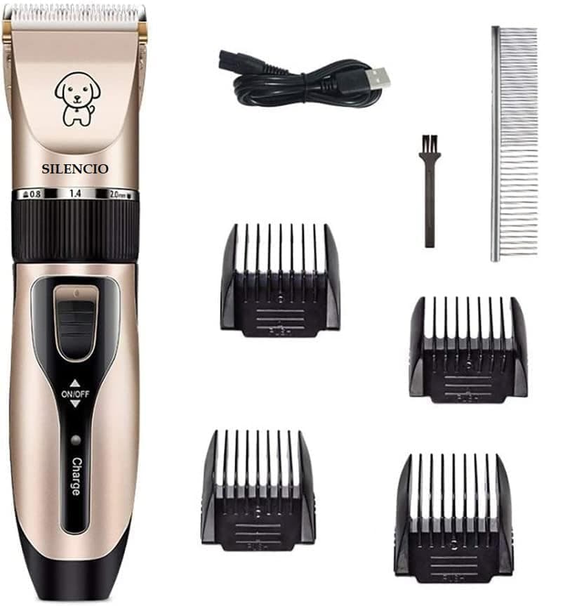 Silencio Unisex Dog Clippers, 2-Speed Professional Rechargeable Cordless Cat Shaver and Low Noise Water Proof Electric Dog Trimmer Pet Grooming Kit Animal Hair Clippers Tool with Combs,Skin