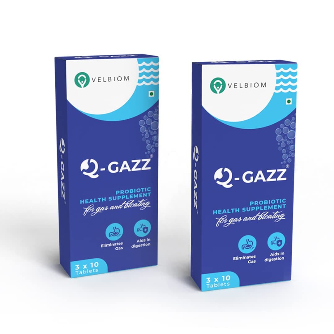 Q-gazz Helps in Gas, Bloating and Indigestion Clinically Proven Unique Blend of Probiotics, Carminative Oils and Digestive Enzymes For Men and Women Formulated by Doctors - Pack of 2