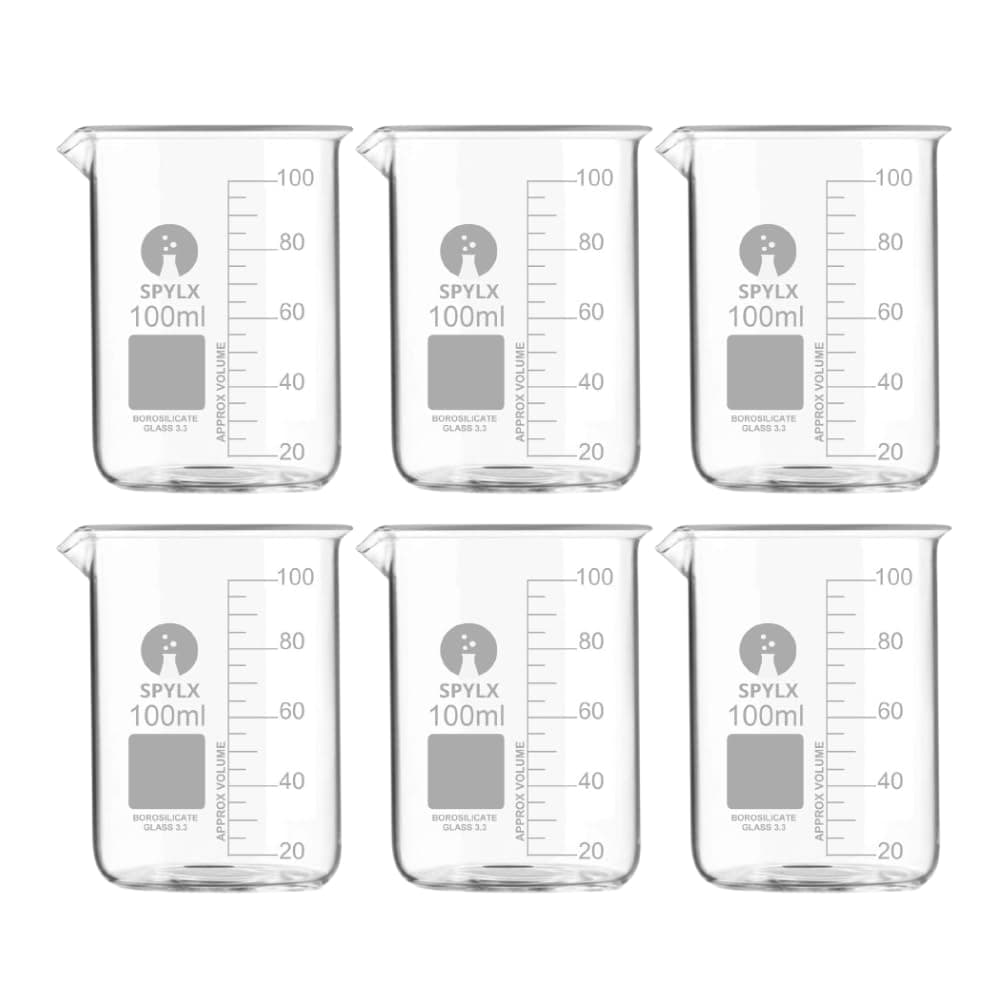 Borosilicate Glass Beakers - 100 ml 6 pcs with Graduation Marks Scratch and stain-resistant measuring beakers, cups Detailed, easy-to-read scale for precise measurements.