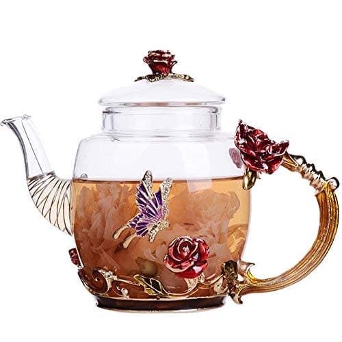 COLORFULTEA - Glass Teapots - 300 ml (10.2 oz) - Glass Teapot With Enamel Rose Flower Handle And Butterfly/Borosilicate Heat Resistant Glass Teapot/Heat-resisting Glass Teapot With Strianer