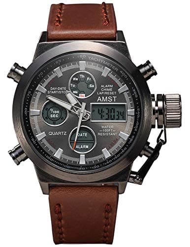 AMST Watch Men's Watch Multi-Function Dual Display top Quality Sports Watch LED Digital Quartz Watch (Full Black Brown Belt)