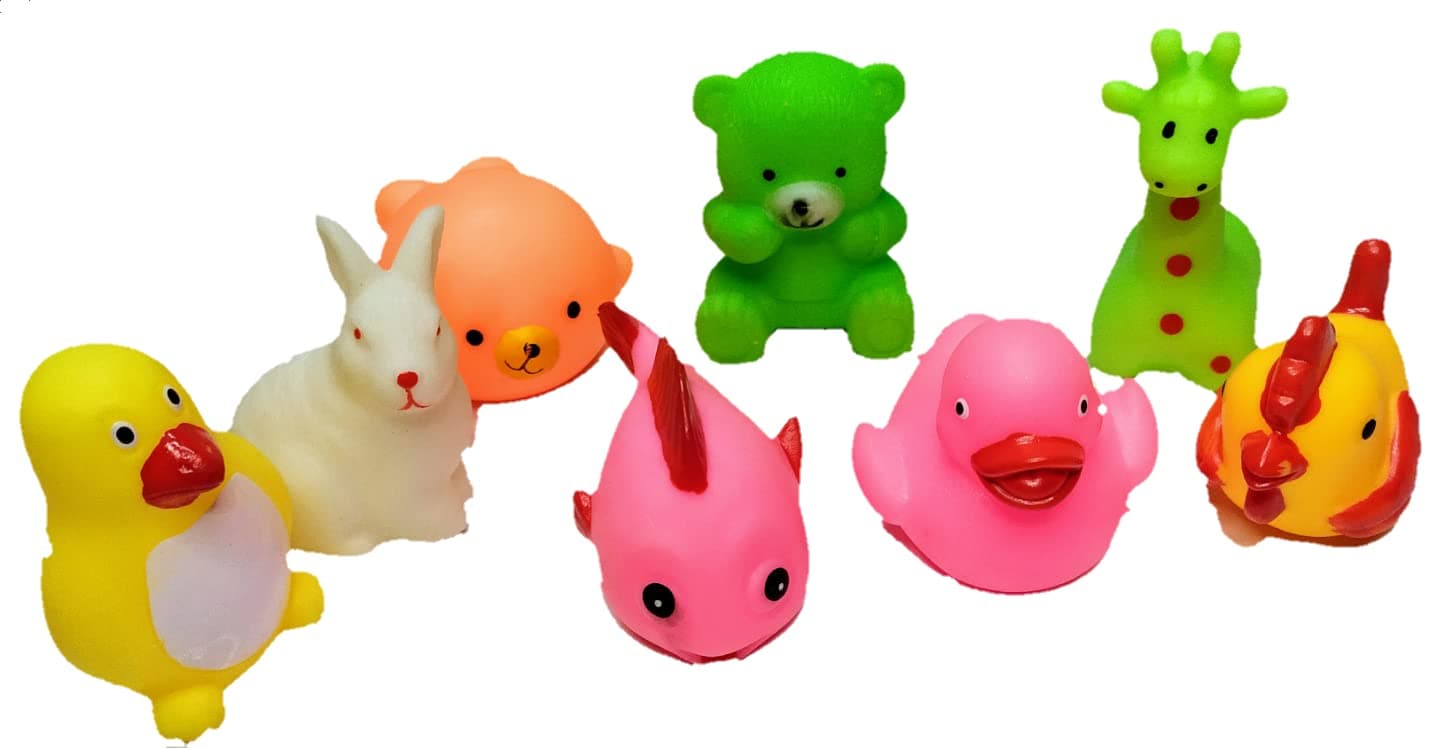 Cabin Hut Squeezy Bath Toy of 8 Pcs Colorful Animal Shape | BPA Free Non-Toxic Random Figure Chu Chu Bath Toys for New Born | Bath time Fun chu chu Sound Toys for Extra Play (Multicolor)