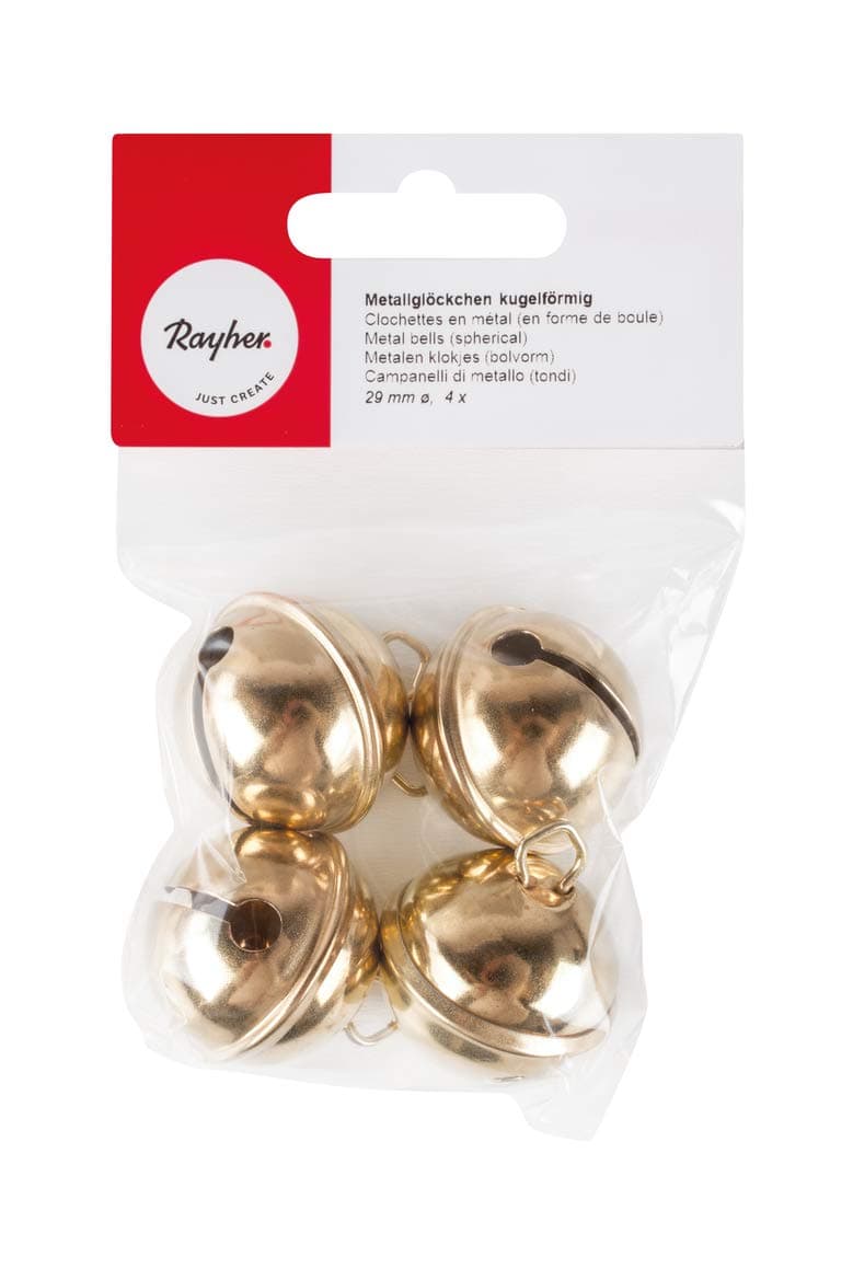 Rayher Set of Four Metal Bells for Crafting, Card Making and Seasonal Decorations, Small Jingle Bells for Wreath Making, gold, diameter 29mm, 2503406