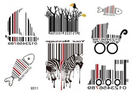 waterproof non toxic fashionable and beautiful tattoos stickers different barcode, fish barcode, horse barcode, boat barcode, tree barcode, shopping cart barcode temporary tattoos stickers