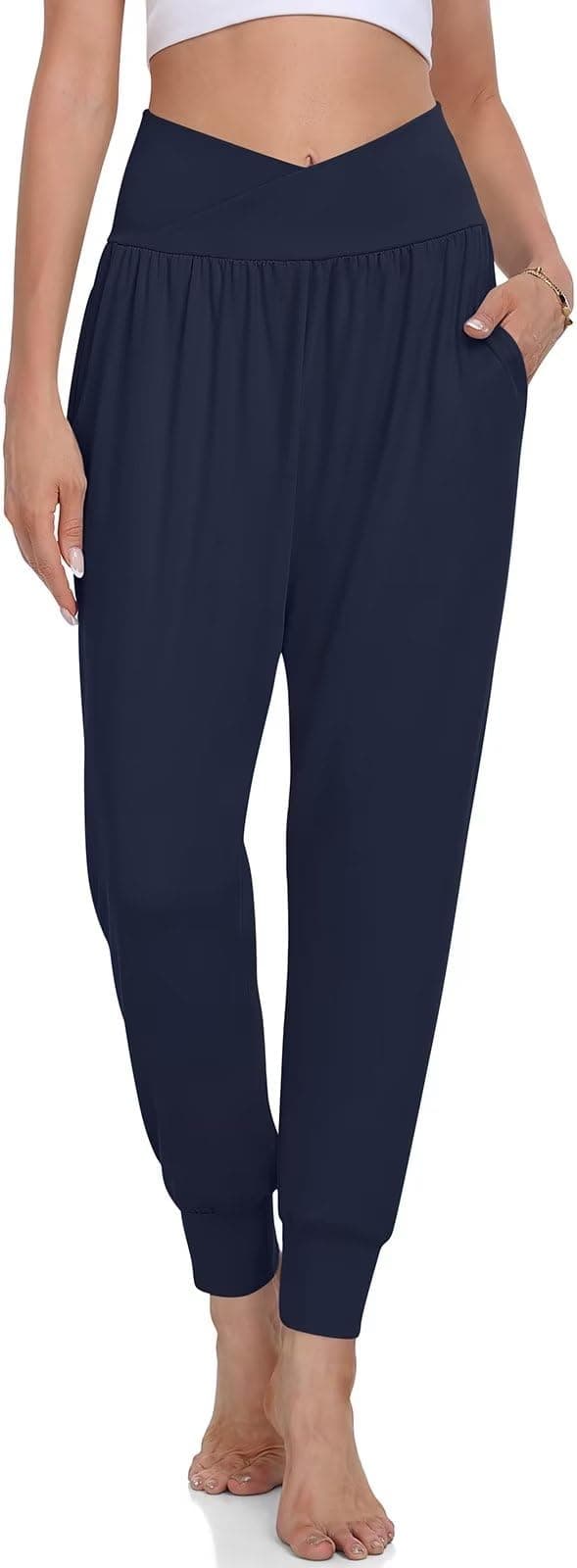 UEU Women's Cross High Waisted Yoga Joggers Pants Comfy Lounge Pajamas Bottoms Casual Loose Sweatpants with Pockets