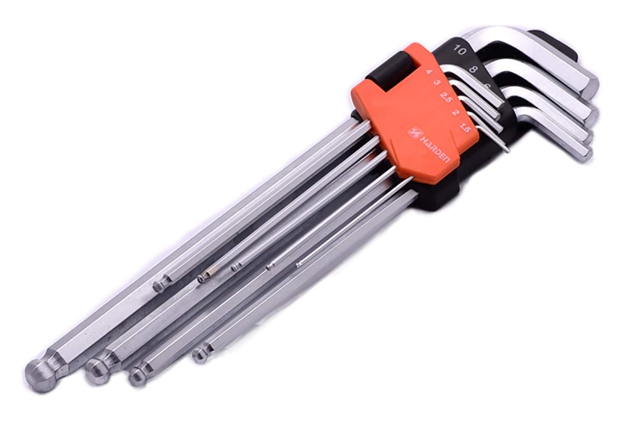 Harden 9PCS Professional Long Ball Key Wrench - Made of S2 Steel, Surface Matte, Non-Slip, Strong Grip, Durable, Plastic Clip - 540609