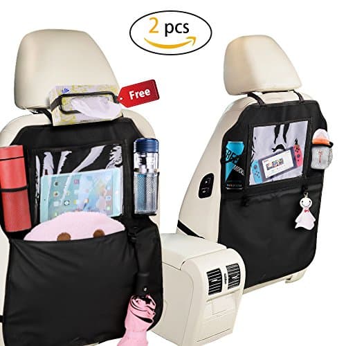 WILKER Car Back Seat Organizer, Kick Mat Seat with Large Protection Storage Bag for Babby Travel Accessories, Backseat Protector for Kids Toy Storage, Ipad and Tissue Box Holder（2 pack）