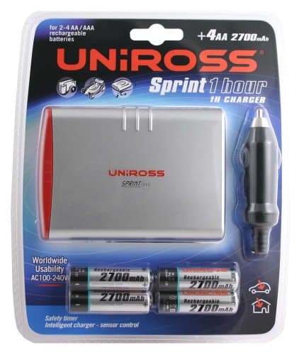 Uniross Sprint 1 Hour Battery Charger inc 4 x AA 2700 mAh Rechargeable Batteries - batteries upgraded from 2500 mAh