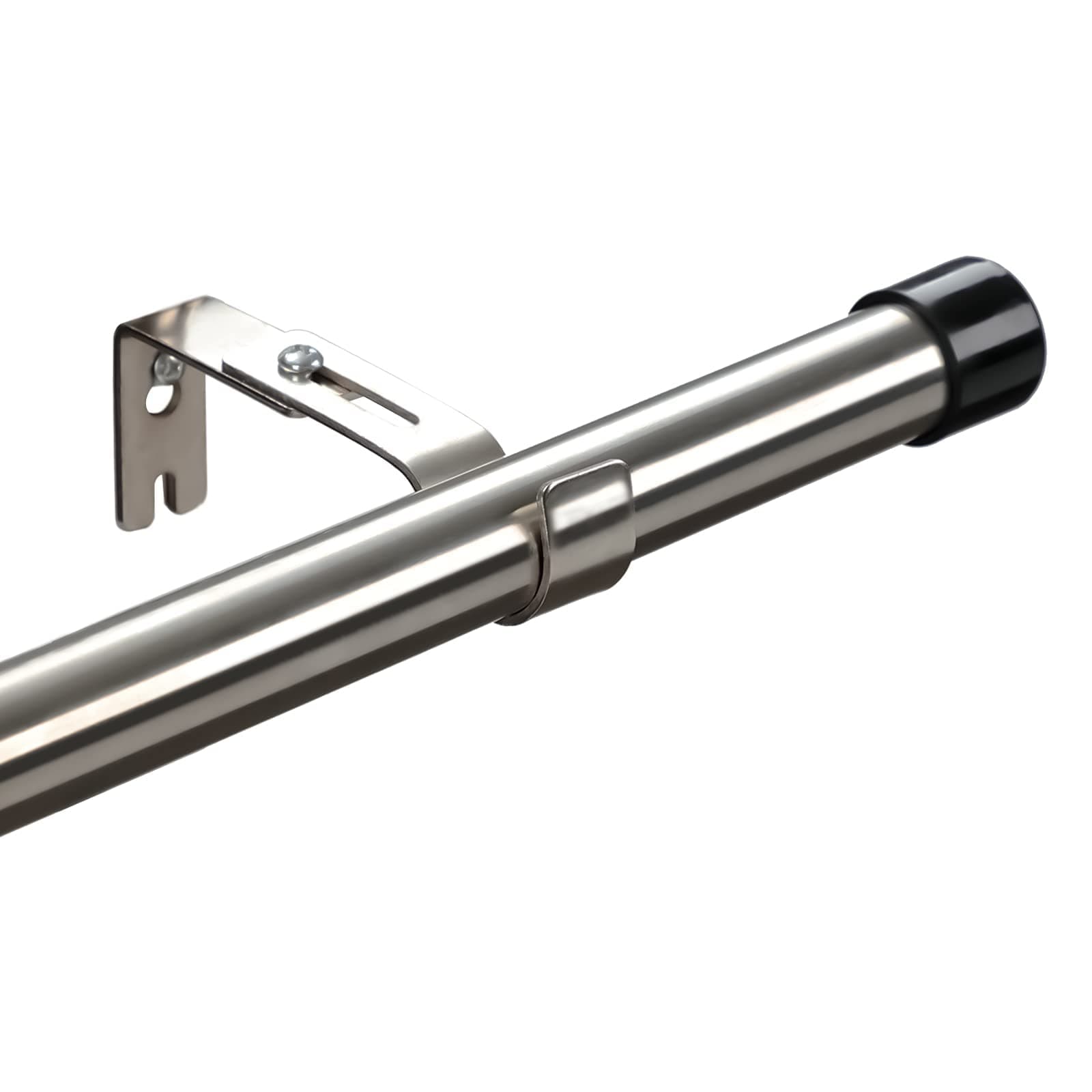 Harrms Curtain Poles for Eyelet Curtains, Silver Curtain Pole 76-198cm, 25mm Blackout Window Curtain Rod Metal Extendable with Adjustable Brackets and Black Cap Finials