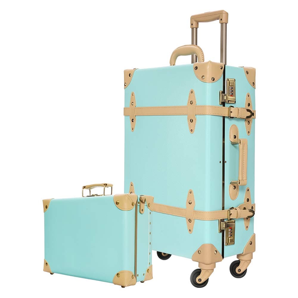 urecity Designer Vintage Trunk Combination Luggage Sets of 2 Piece, Hard Shell Retro Travel Suitcase with Wheels (Mint Green, 22"+12")