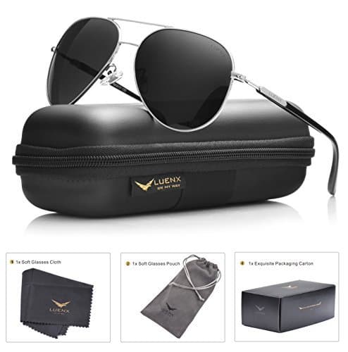 LUENX Mens Womens Sunglasses Aviator Polarized Black, LightWeight Metal Frame,Large 60mm Lens,with Case,for Driving,Fishing,Outdoor,Travel