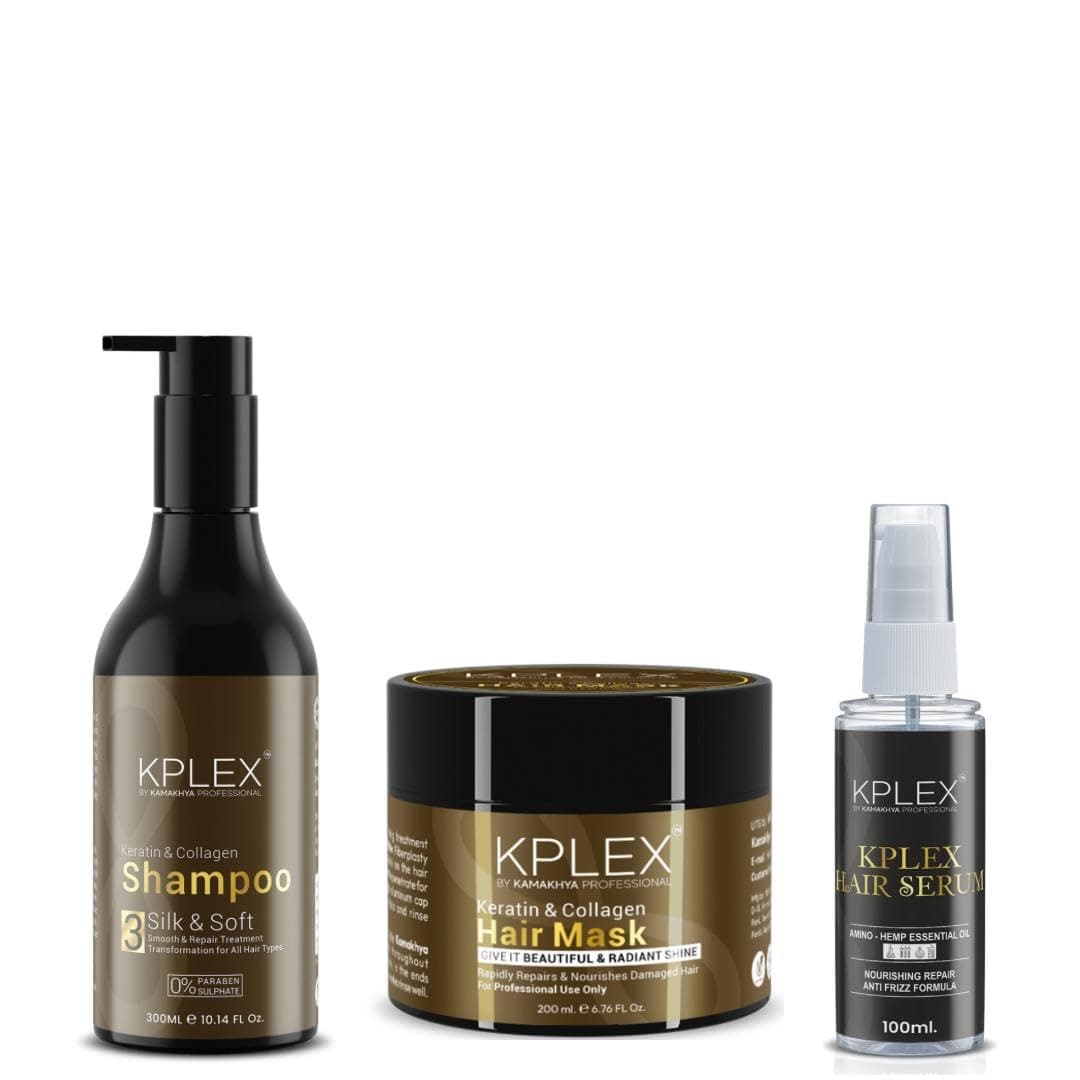 KPLEX by Kamakhya Professional Keratin & Collagen Shampoo | Hair Mask | Hair Serum Combo | Nourishing & Anti-Frizz Hair Care Set | Smoothening & Conditioning for All Hair Types
