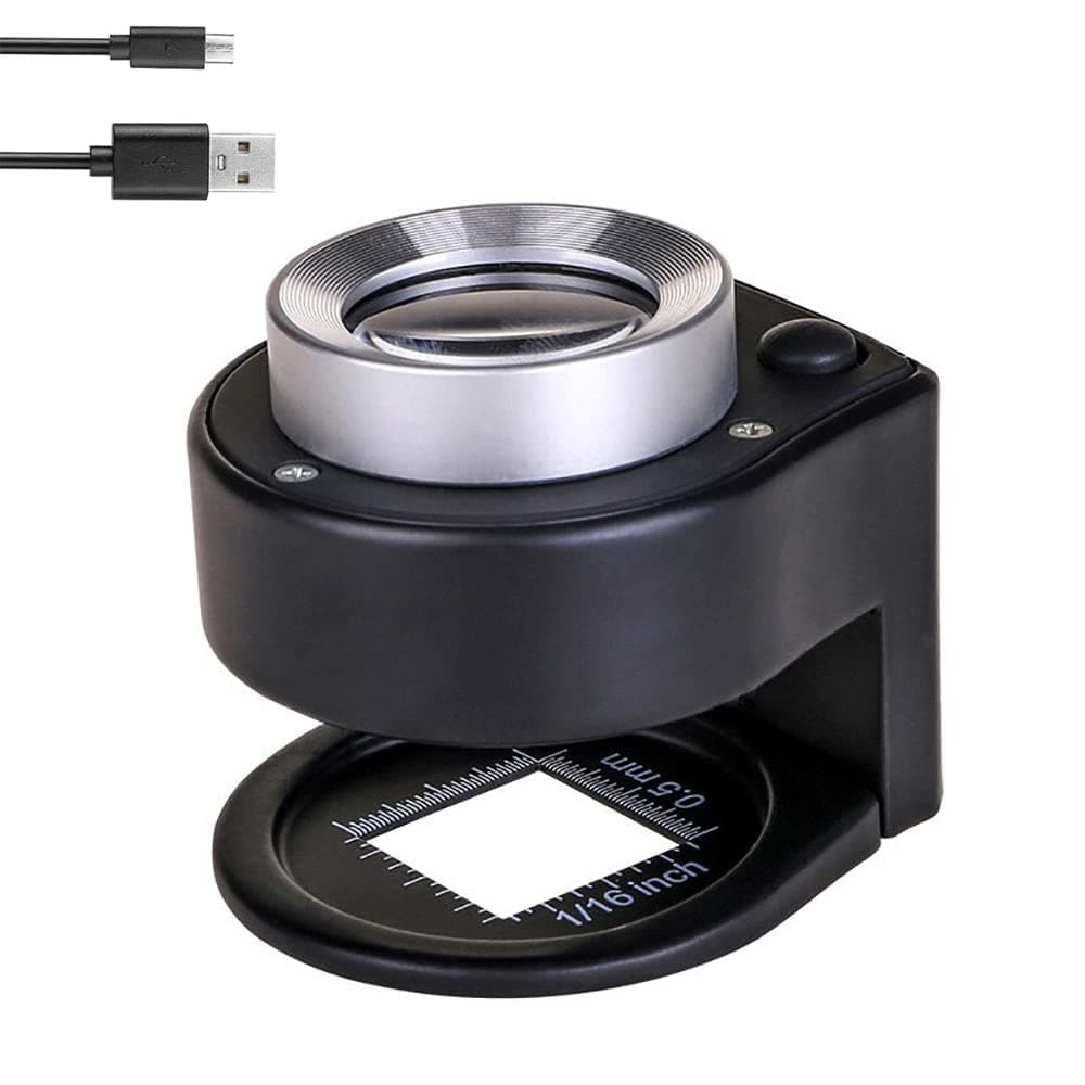 30X Handheld Rechargeable Magnifying Glass Jewelers Loupe with Light, 6 LED Desktop Metal Magnifier Portable Folding Scale Eye Loop for Textile Optical Jewelry Tool Coins Currency Stamps