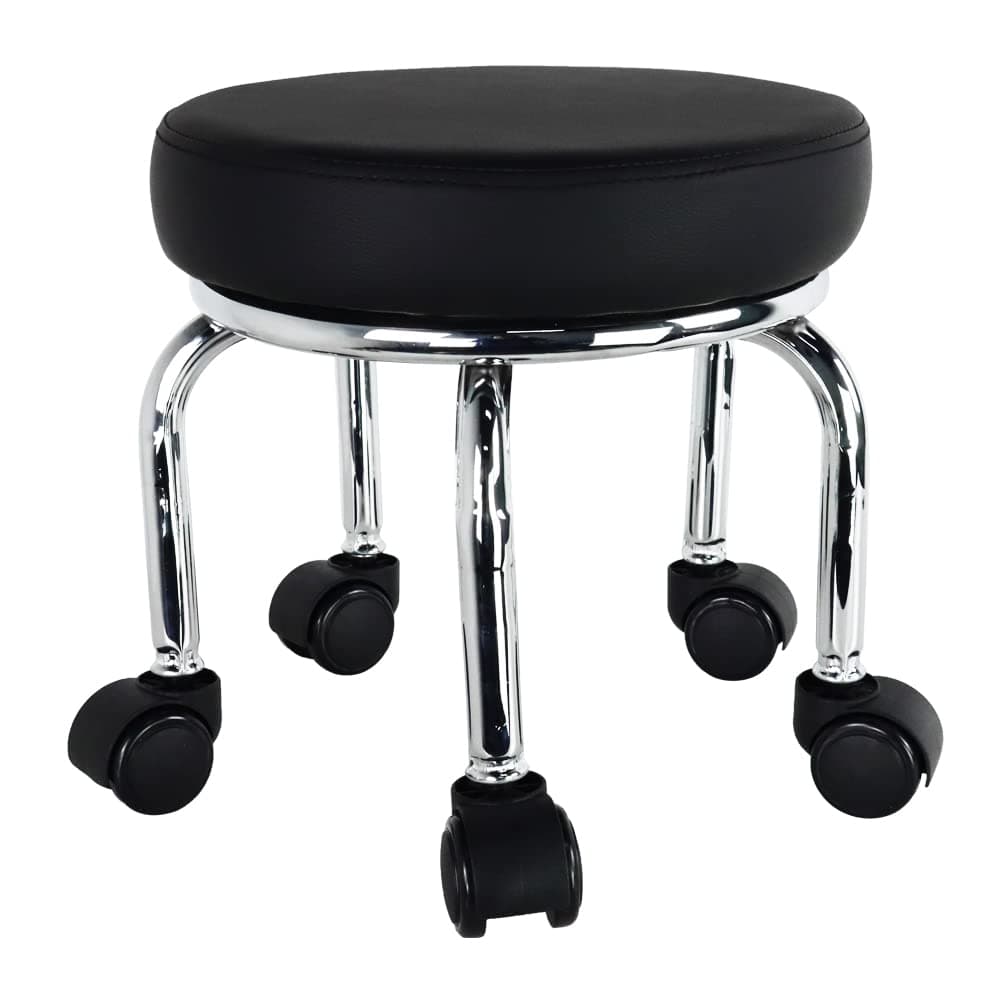 Small Rolling Stool PU Leather Roller Seat 360° Swivel Low Round Chair with Universal Caster Wheels for Home Massage Garden Office Garage Shop Fitness Sport,H:31.5cm(Black)