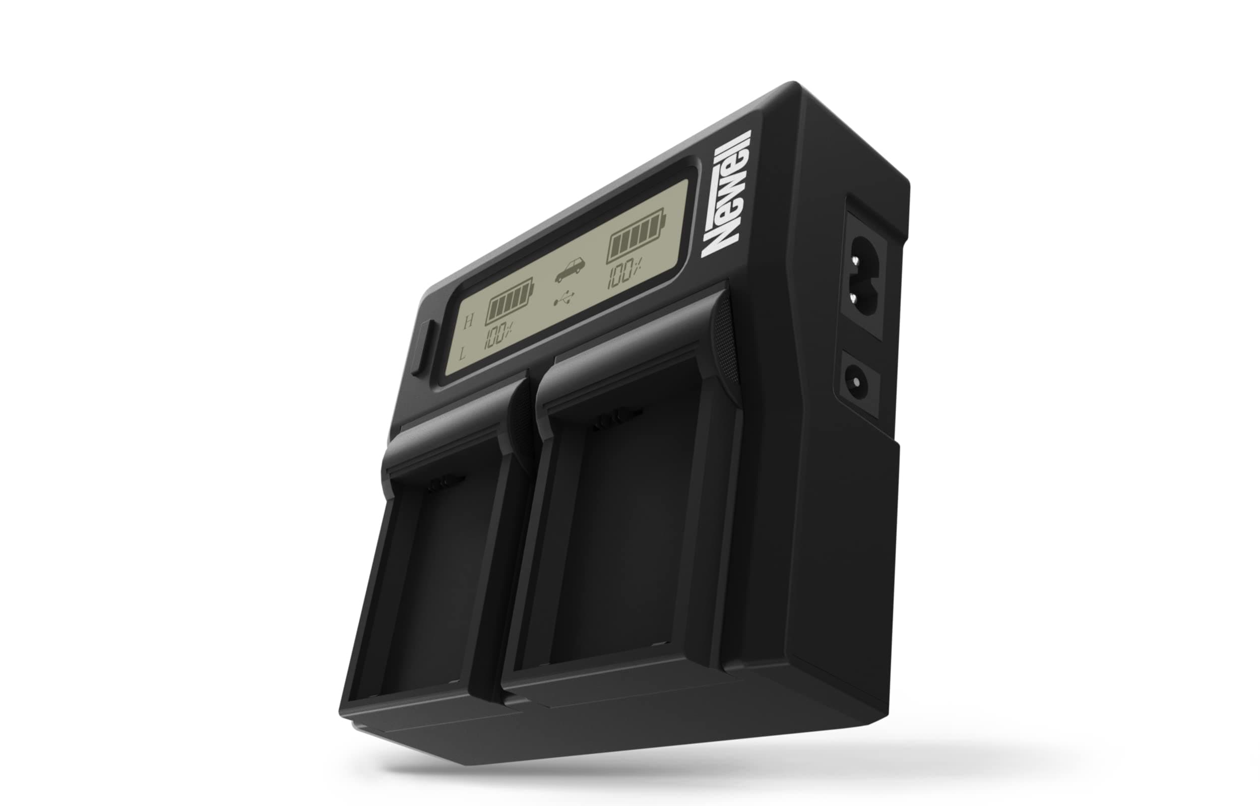 NewellDC-LCD twin battery charger compatible with NP-F970 batteries - charge two batteries together from mains supply, or 12v socket, also features USB-A output for charging other external devices.