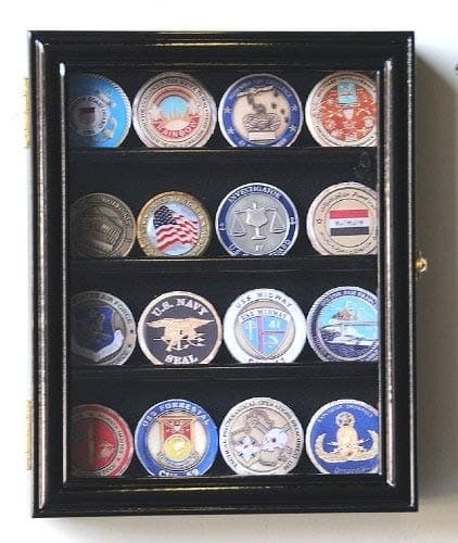 XS Military Challenge Coin Display Case Cabinet Holder Rack Box Holds up to 20 Coins, 98% UV, Lockable -Black