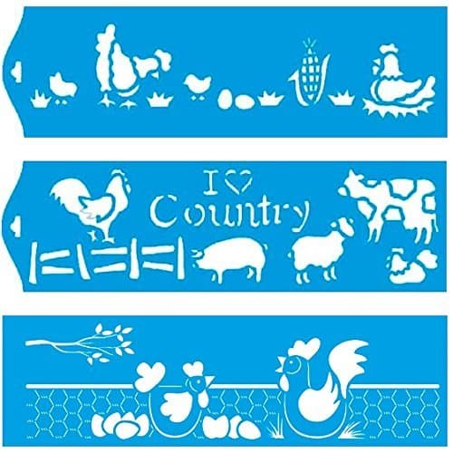 Set of 3 - 11" x 3.3" (28cm x 8cm) Reusable Flexible Plastic Stencil for Graphical Design Airbrush Decorating Wall Furniture Fabric Decorations Drawing Drafting Template - Farm Village Countryside Animals Pig Hen Cow