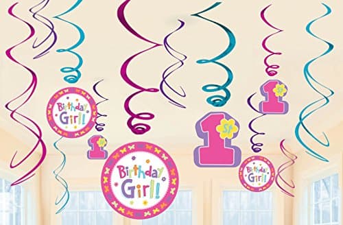 1St Birthday Girl Hugs And Stitches Hanging Swirl Decorations (12Pc)