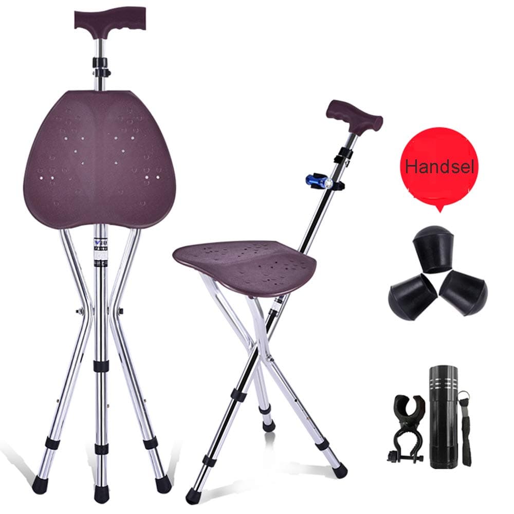 XRX Walking Cane Chair Stool Massage Walking Stick with Seat Portable Fishing Rest Stool Attached Three Tips Prongs Heavy Duty Adjustable Folding Lightweight Crutches with LED Light for Seniors