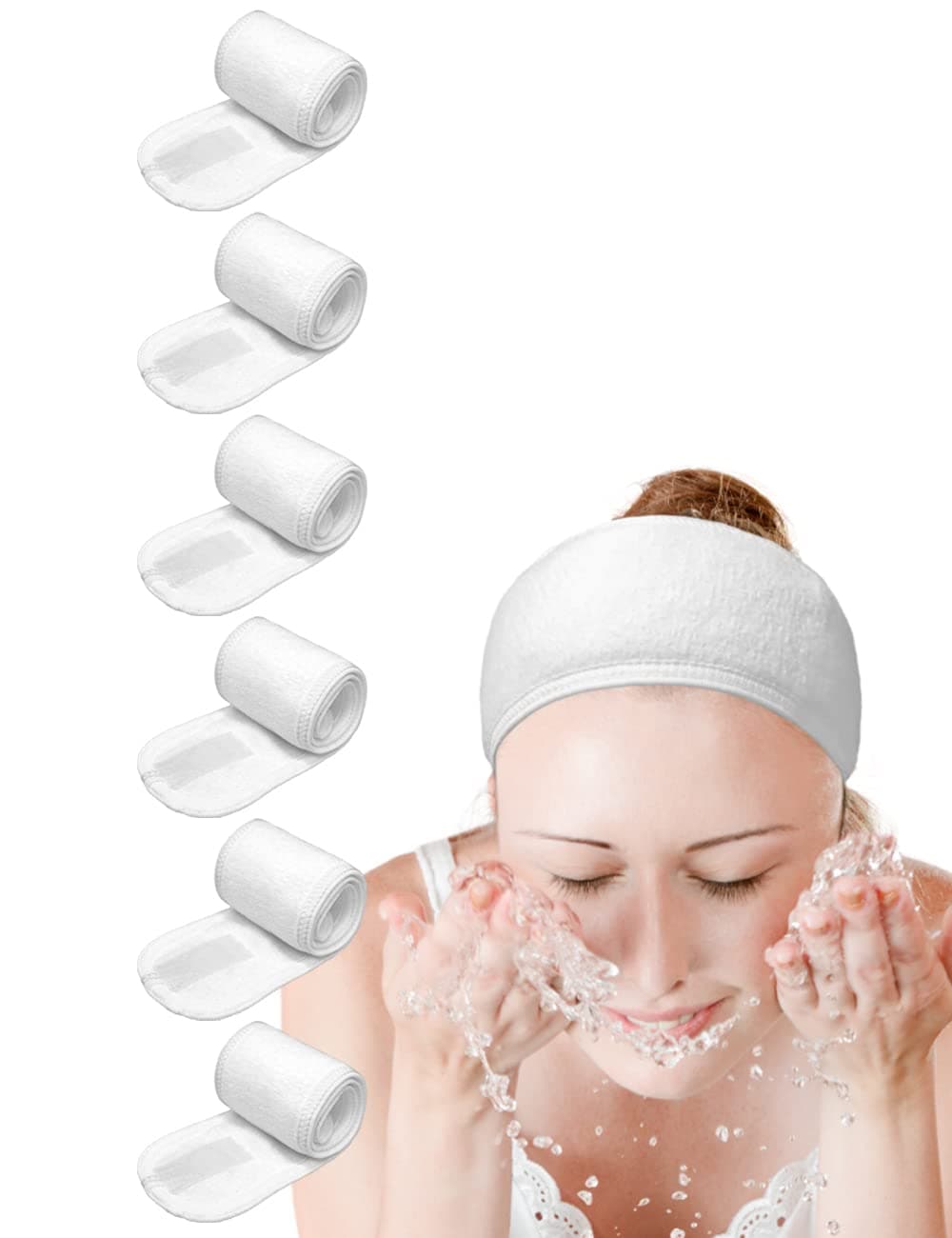 Spa Headband, 6 Pack White - Non-slip Stretchable Washable Makeup Headband for Face Wash Facial Treatment, Fits All, Workout, Yoga, Gym, Salon, Home Use