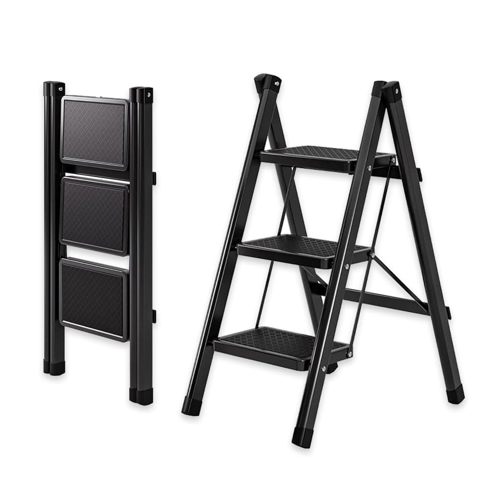 AMERTEER 3 Step Foldable Ladder for Home | Heavy-Duty Steel Step Stool with Wide Anti-Slip Pedals, Lightweight Folding Ladder for Kitchen, Office, Library, Garden | 150 KG Load Capacity