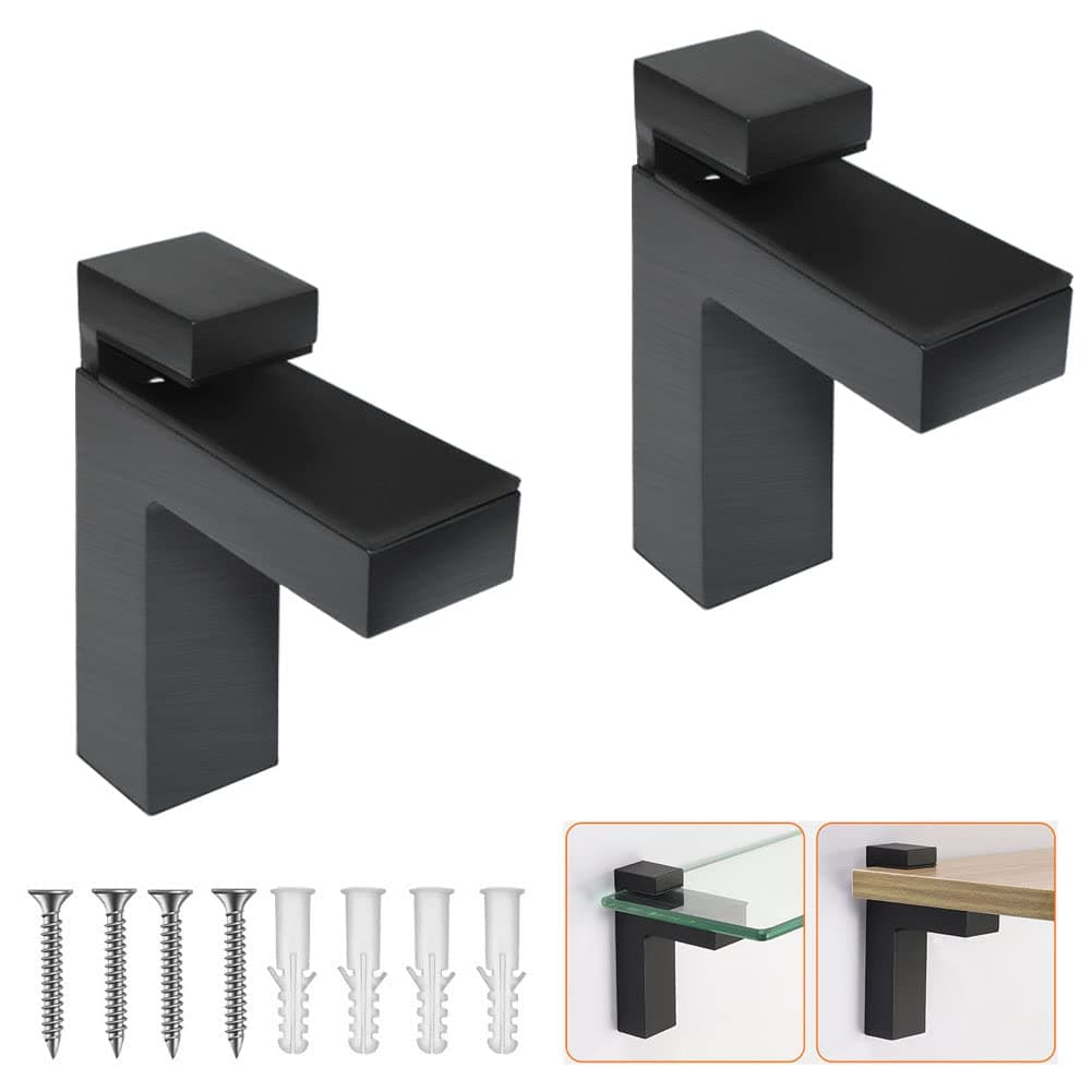 LUANT Metal Adjustable Floating Shelf Hardware, Wood/Glass Shelf Bracket Wall MountIing,Adjustable Clamp for 0.2"-1.1" Wood or Glass Black, Large, 2Pack