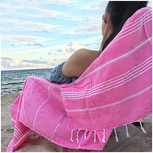 Aysesa-Sandproof Turkish Cotton Beach Towel Oversized w/Hidden-Pocket 75" Sand Free Blanket Extra Large Packable Travel Bath Towel Gift Men Women Made-in-Turkey