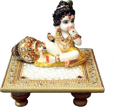 Simi Marvellous Marble Laddu Gopal Idol with Meenakari Work Chowki in Golden Color puja Articles Rajasthani Handicrafts Art Antique Decorative Unique All Occasion Gift Product_MPC 006