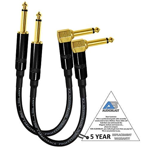 Audioblast - 2 Units - 8 Inch - HQ-1 - Ultra Flexible - Dual Shielded (100%) - Guitar Instrument Effects Pedal Patch Cable w/ Eminence Straight & Angled Gold ¼ inch (6.35mm) TS Plugs & Double Boots