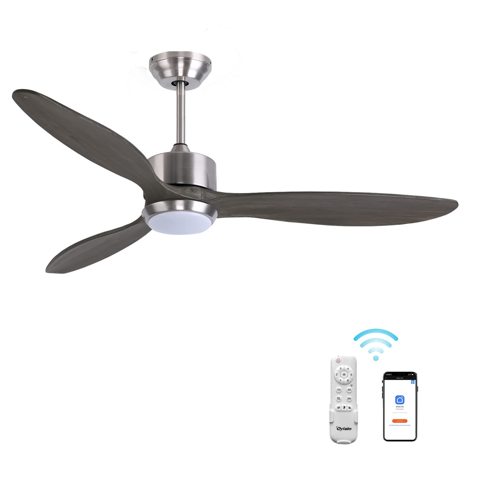 Ovlaim 52 inch Led Ceiling Fan DC Motor Ceiling Fan with Light Wood Ceiling Fan with Remote Control 3 Colors Change for Living Room, Bedthroom, Silver/Grey Wood Blades