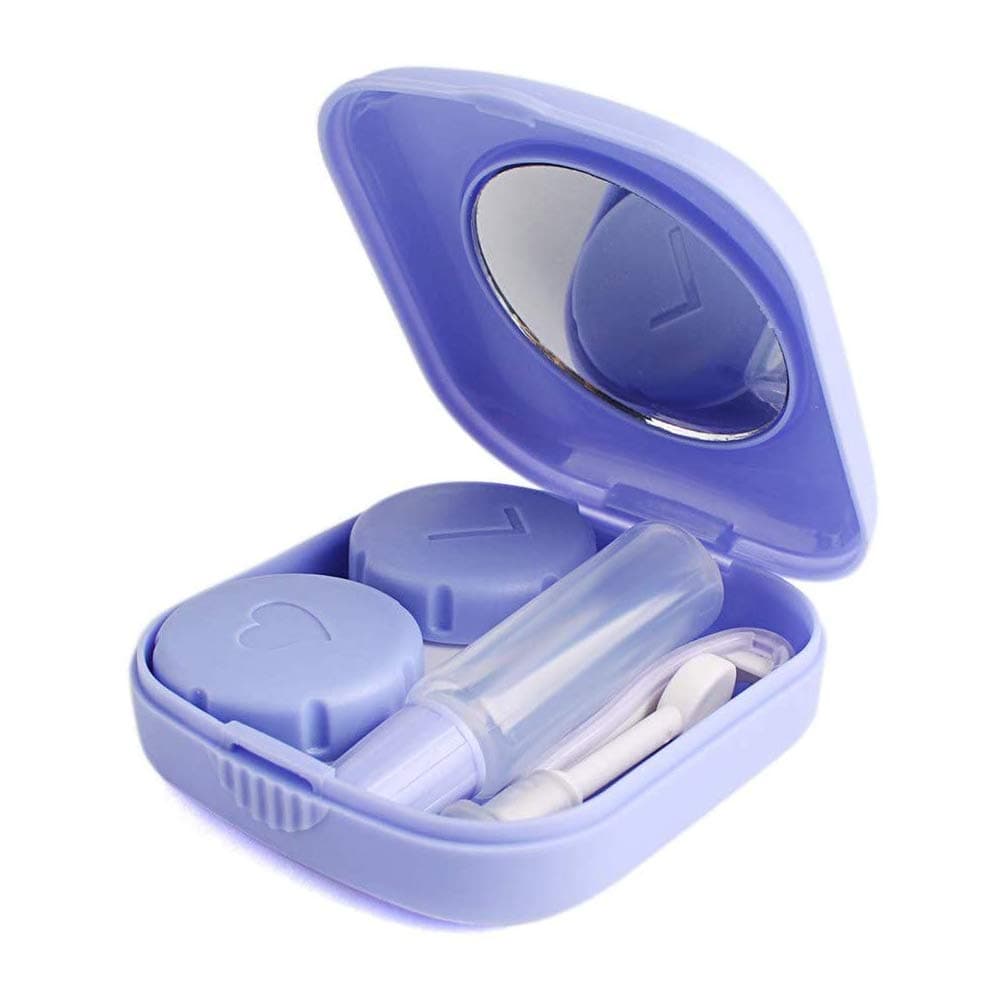 Mini Contact Lens Case Cute Pocket Portable Travel Kit Easy Carry with Mirror Tweezers Container Holder for Eyes Care Purple