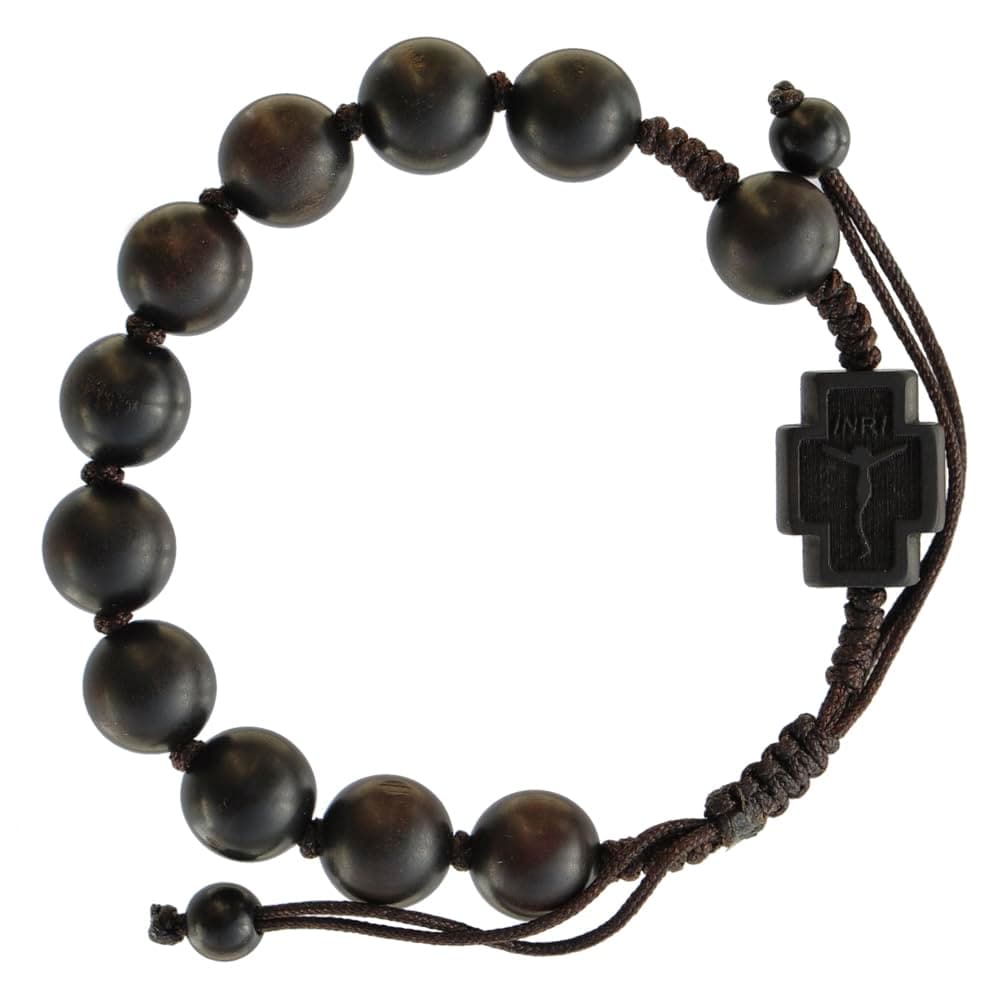Dark Jujube Wood 1 Decade Catholic Rosary Bracelet, Adjustable, Smooth 10mm Beads