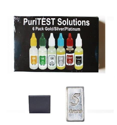 Complete Gold, Silver, Platinum Test Kit - 6 Acids + PRO Test Stone, 5gn Solid Silver Testing Bar