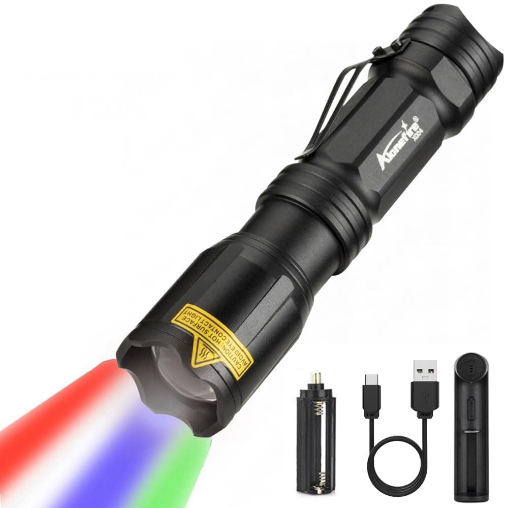 ALONEFIRE X004 Multicolor Flashlight Red Light Green Light USB Rechargeable Blue Light Flashlight RGB Color Changing Waterproof with Battery, Charger for Night Observation Astronomy Aviation Tracking