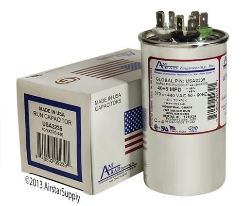 (2) Pack - Goodman CAP050400440CT - 40 + 5 uf / Mfd 370 / 440 VAC AmRad Replacement Round Dual Universal Capacitor - Made in the U.S.A.