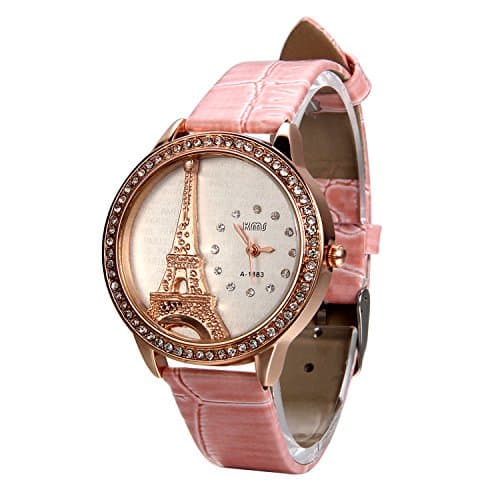 Elegant Bling Rhinestone Accented Eiffel Tower White Leather Analog Quartz Wrist Dress Watch for Girls Ladies Women