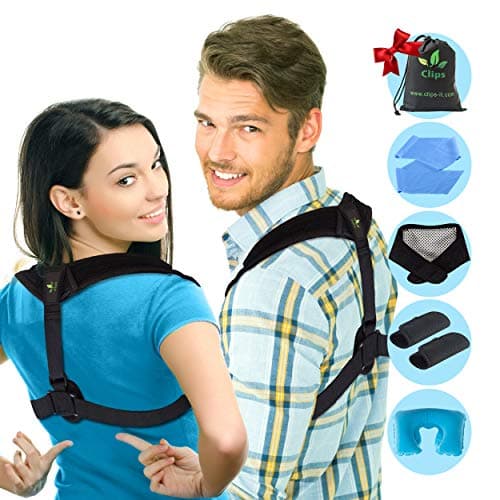 Posture Corrector - Upper Back and Neck Support for Natural Pain Relief for Men and Women. Includes Bonus Self Heating Neck Wrap, Travel Pillow, Resistance Band, Extra Pads and Travel Bag by Clips