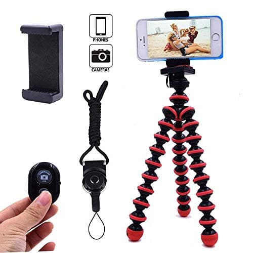 Phone Tripod, Daisen Flexible and Portable Octopus Camera Stand Holder with Bluetooth Remote & Phone Clip for iPhone, Android Phone and Camera/Sports Gopro(Red)
