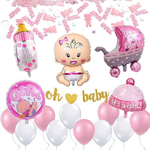 ETLEE Baby Shower Decorations for Girl - Oh Baby Banner & Giant Baby Foil Balloon Set & Party Decor Confetti & Latex Balloons for Baby Birthday Party Supplies