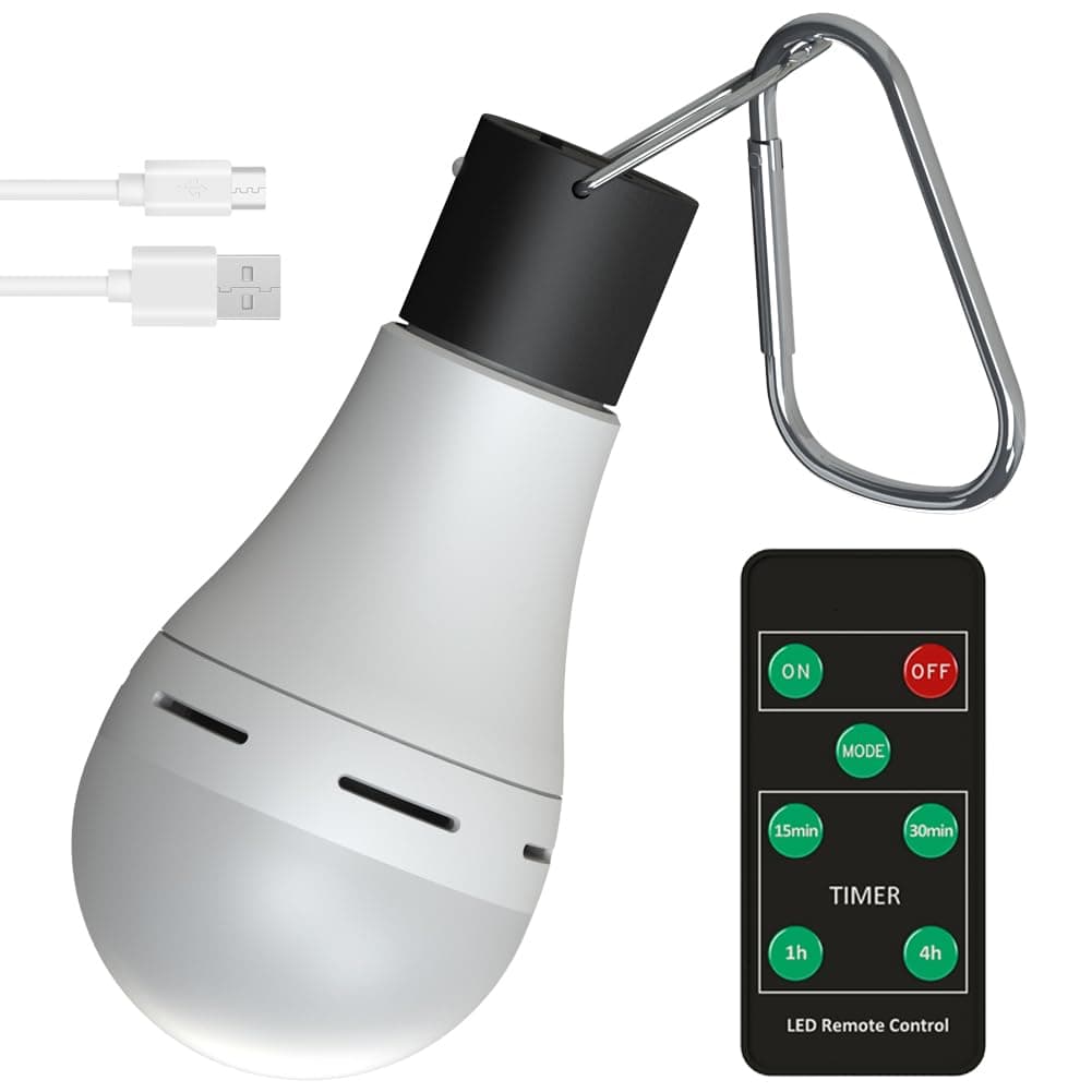 Flyhoom 180LM Rechargeable Camping Light Bulb with Remote Control Dimming and Timing for Tent,Hiking,Emergency,Power Outage White 1 Pack Without Solar Panel.