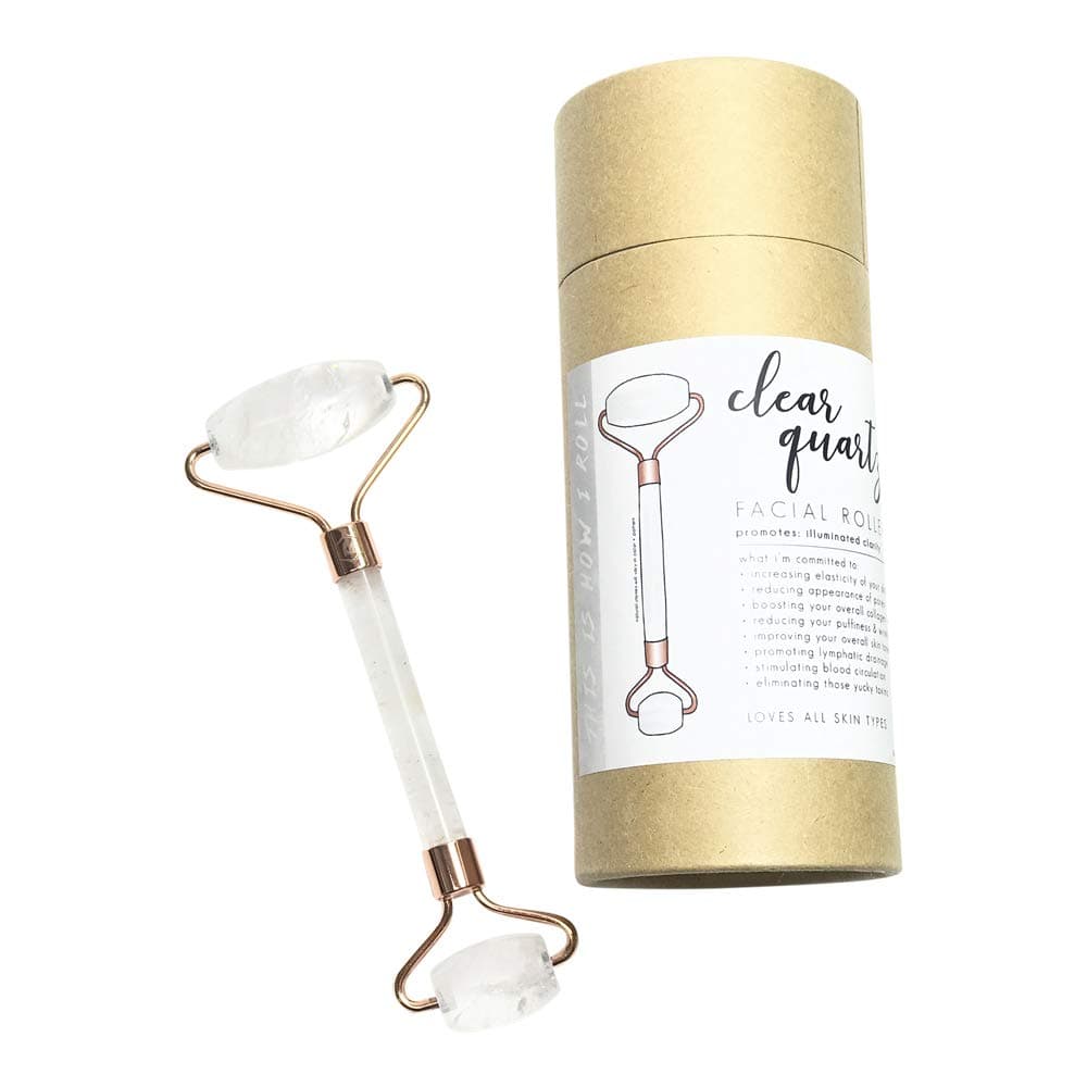 Premium Clear Quartz Facial Roller : New Version of 100% Natural Jade Roller for Face Double Neck Healing Slimming Massager Anti Aging Skin Tool Rose Gold by Honey Belle