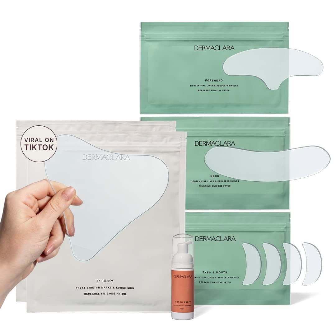 DermaclaraFace Patches Kit - Anti Wrinkle Patches for Forehead, Smile Lines, Silicone Anti-Wrinkle Reusable Pads, Up to 30 Uses - 1 Forehead, 4 Eye & Mouth, 1 Neck, 2 Chest & 1 Patch Prep Cleanser